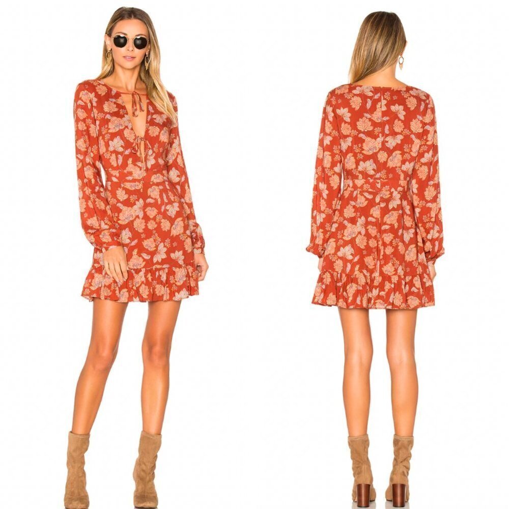 Ale By Alessandra X Revolve Aurora Dress Red Daffodil Boho Floral Rust Tie